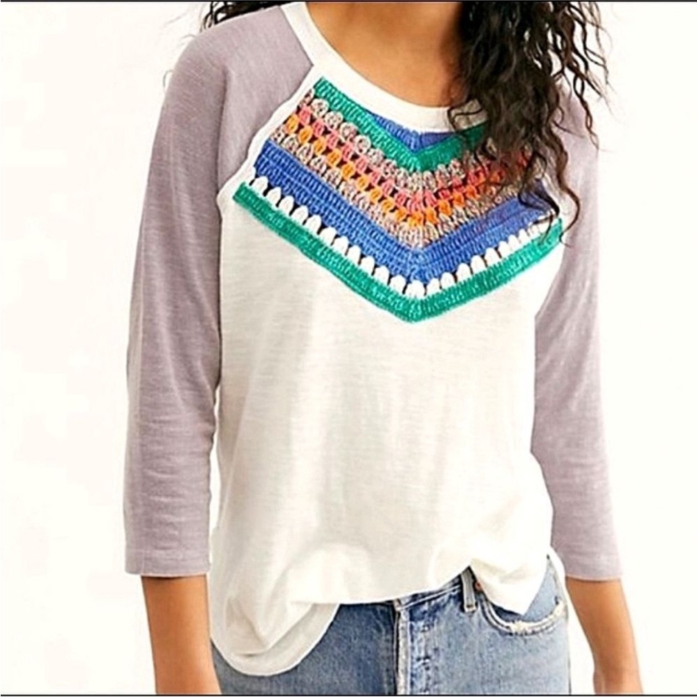 Free People Spring Bound Crochet Detail Top Blue Combo Size L - Picture 2 of 6